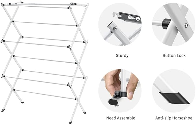 3 Tier Clothes Drying Rack, Foldable Drying Rack Clothing,Indoor & Outdoor Laundry Rack for Drying Clothes,Space-Saving Design, Metal Collapsible Dryer Racks for Laundry-White+Black
