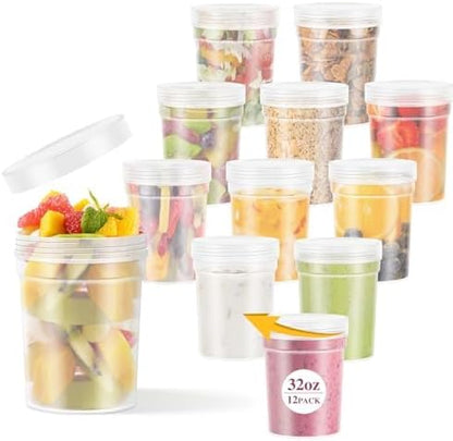 LEAWALK 32 oz -12 Pack Reusable Food Freezer Storage Containers with Lids, BPA Free Twist Top Deli Container, Leak Proof, Stackable, Microwave and Dishwasher Safe