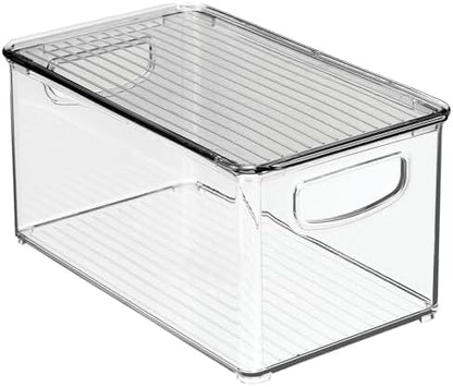 mDesign Plastic Deep Storage Bin Box Container with Lid and Built-In Handles - Organization for Fruit, Snacks, or Food in Kitchen Pantry, Cabinet, Cupboard, Ligne Collection, 4 Pack, Clear/Smoke Gray
