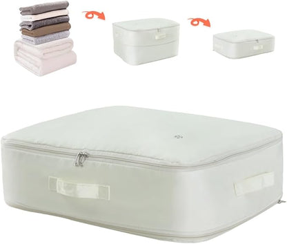 Geernioy Ultra Space Saving Self Compression Storage Bags with Zipper, (Beige) -Compression Organize for Bedding, Comforter Storage Bag for Blankets Duvet Quilts Pillows