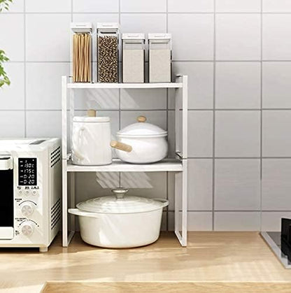 2pk Kitchen Cabinet Shelf Counter Organizer Rack Pantry Storage Bathroom Bedroom Office Table Desk Space Saving Steel Frame Stackable Rust Resistant Non Slip White-Tall- L13in W8.3in H9.5in