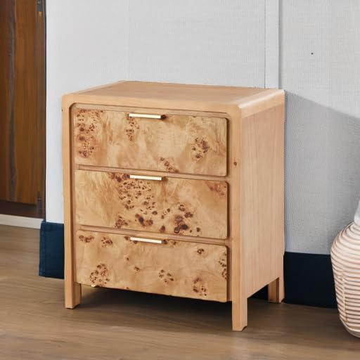 Burl Finish 3 Drawer Nightstand, Wood Rustic Farmhouse Dresser, Vintage Accent Storage Bedside Table for Bedroom Entryway, Fully Assembled, Natural