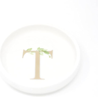 Cedar and Ink Ring Dish with Personalized T in Gold Foil & Greenery, Monogrammed Jewelry Dish, Accessories & Wedding Ring Holder, Dressing Table Tray