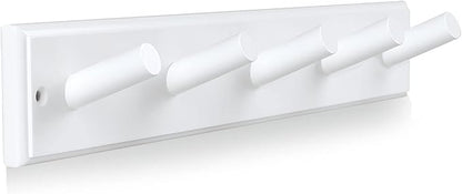 Wood Coat Rack Wall Mounted, 16'' Hole to Hole Wooden Peg Rail for Wall Hangers, 5 Pegs Bamboo Wall Hook for Hanging Towels Hats Robes Clothes Keys, White