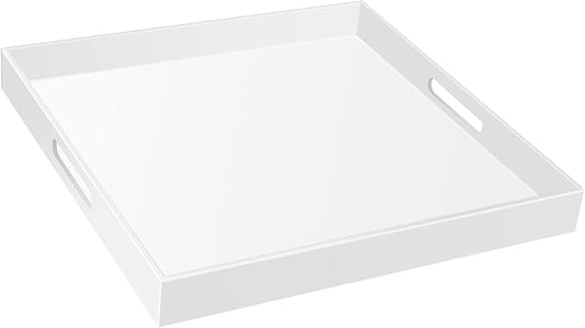 Acrylic Serving Tray with Handles Extra Large Ottoman Tray Decorative Tray (24×24 Inch, Glossy White)