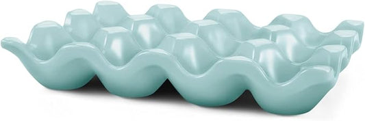 Flexzion Ceramic 12 Cups Egg Tray - Whole Dozen Porcelain Egg Holder Container Keeper Storage Organiser Decorative Serving Stand Serveware for Refrigerator Fridge Countertop Display Kitchen