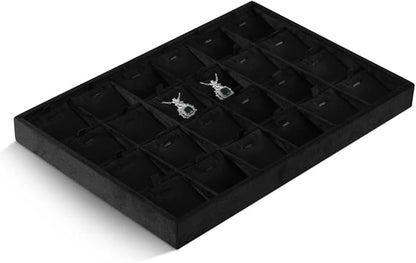Velvet Necklace Display Tray, Stackable 24 Grid Insert Pendant Necklaces Storage Holder Plate, Jewelry Retail Countertop Organizer (Black)