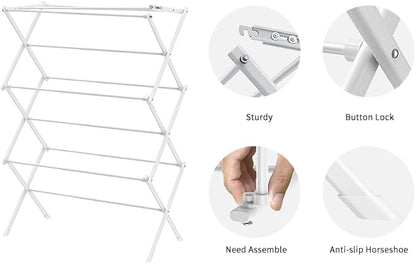 3 Tier Clothes Drying Rack, Foldable Drying Rack Clothing,Indoor & Outdoor Laundry Rack for Drying Clothes,Space-Saving Design, Metal Collapsible Dryer Racks for Laundry,Pure White