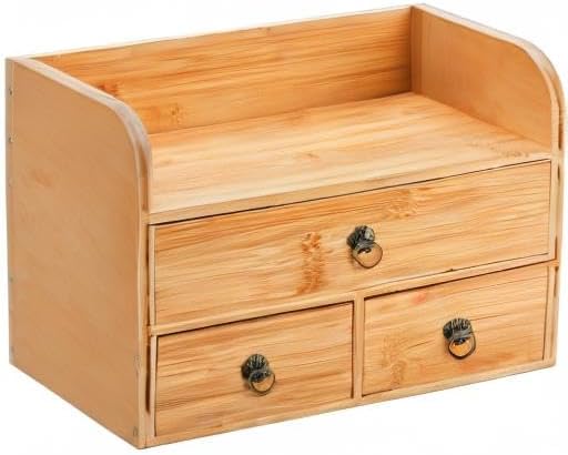 Nicunom Bamboo Desk Organizer, 3-Tier Bamboo Tabletop Storage Organization Multifunctional Desktop Organizer with Drawers for Home Office Toiletries Supplies Vanity