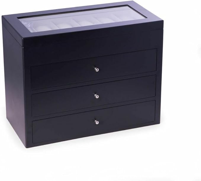 Bey-Berk Stanley 48 Slot Watch Box (Black), Matte Wood Watch Storage Chest with Glass Top, 3 Drawers & Velour-Lined Cushions