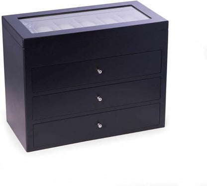 Bey-Berk Stanley 48 Slot Watch Box (Black), Matte Wood Watch Storage Chest with Glass Top, 3 Drawers & Velour-Lined Cushions