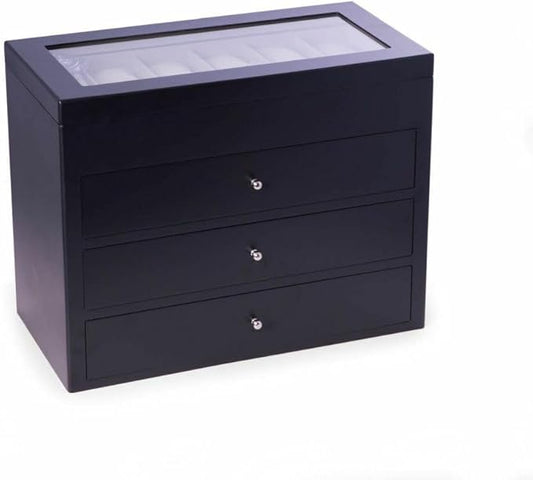 Bey-Berk Stanley 48 Slot Watch Box (Black), Matte Wood Watch Storage Chest with Glass Top, 3 Drawers & Velour-Lined Cushions