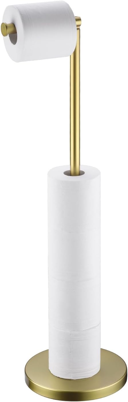BAGNOLUX Bathroom Toilet Paper Holder Stand with Reserve, SUS304 Stainless Steel Rustproof Pedestal Tissue Roll Holder Heavy Duty, Brushed Light Yellow Gold