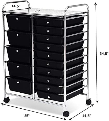 DORTALA 15-Drawer Rolling Storage Cart with Drawers, Rolling Utility Cart w/Removable Drawers & Universal Wheels, Tools Scrapbook Paper Organizer for School, Office, Home, Classroom (Black)