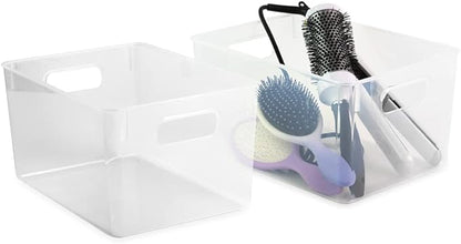 Isaac Jacobs 3-Pack Large Clear Storage Bins (11” L x 8” W x 6” H) with Cutout Handles, Plastic Organizer for Home, Office, Kitchen, Fridge/Freezer, Drawers, BPA Free, Food Safe (3-Pack, Large)