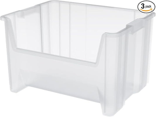 Akro-Mils 13017 Stak-N-Store Heavy Duty Stackable Open Front Plastic Storage Container Bin, (15" x 20" x 12-1/2"), Clear, (3-Pack)