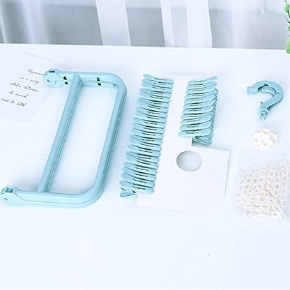 Clothes Hanger with 32 Clips, Foldable Clothes Peg Drying Rack for Socks, Underwear, Bras, Scarves (Blue)