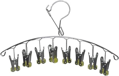 Quick Release Arc Stainless Steel Laundry Drying Rack with 8 Clips,Swivel Hook Wind-Proof Clothes Hanger Rack for Sock, Bras, Underwear, Laundry Accessories