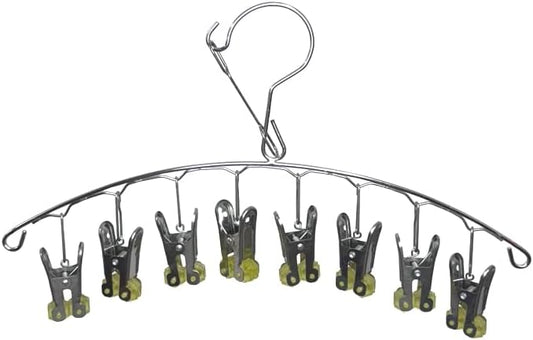 Quick Release Arc Stainless Steel Laundry Drying Rack with 8 Clips,Swivel Hook Wind-Proof Clothes Hanger Rack for Sock, Bras, Underwear, Laundry Accessories