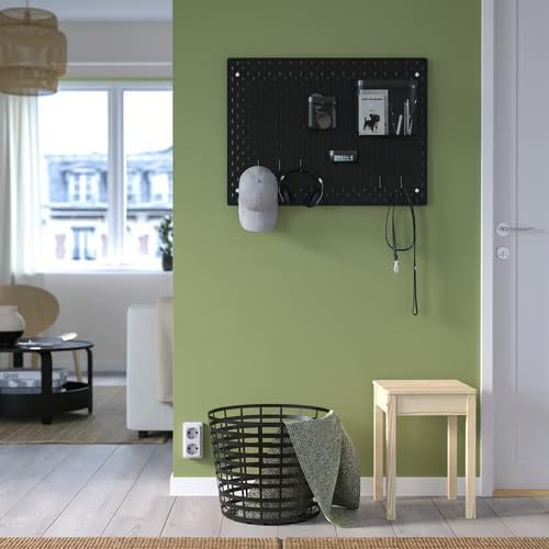 Pegboard Organizer Wall Panel Set - Black Metal Board with Storage Baskets and Hook - Home Office Organization System, 30x22 inch