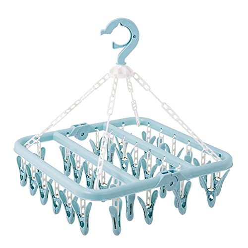Clothes Hanger with 32 Clips, Foldable Clothes Peg Drying Rack for Socks, Underwear, Bras, Scarves (Blue)