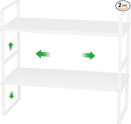 WEJIPP Cabinet Organizer Shelves,Adjustable Height Stackable Spice Racks for Cabinet,Pantry,Counter,Cupboard - 2 Packs of Kitchen Under Sink Expandable Storage Shelves,D:10.24" x W:16.5"-27.2",White