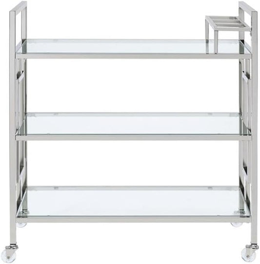 BOWERY HILL Contemporary Clear Tempered Glass Serving Bar Cart