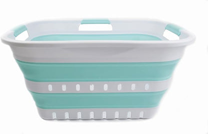 SAMMART 30L (8 Gallon) Collapsible 3 Handled Plastic Laundry Basket - Foldable Pop Up Storage Container/Organizer - Space Saving Hamper/Basket (White/Lake Green)