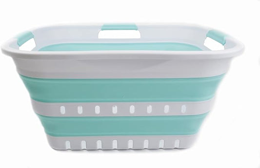 SAMMART 30L (8 Gallon) Collapsible 3 Handled Plastic Laundry Basket - Foldable Pop Up Storage Container/Organizer - Space Saving Hamper/Basket (White/Lake Green)