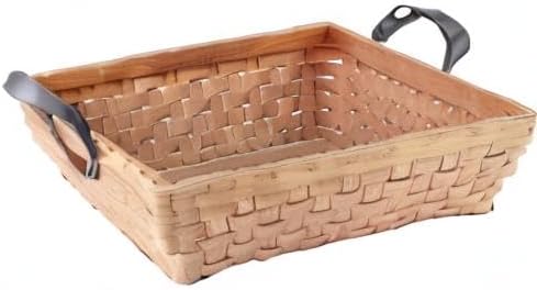Rectangular Wooden Basket, Natural Hand Woven Storage Basket with Leather Handles for Sundries Toys Fruits