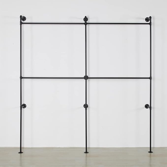 Industrial Pipe Clothing Rack Heavy Duty Double Closet Rod Clothes Rack, Clothing Rods for Hanging Clothes, Wall Mounted Clothes Garment Rack Closet System 90in Black