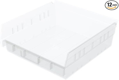 Akro-Mils 30170 Plastic Shelf Bins, Heavy Duty Storage Bins for Garage, Closet, and Drawer Organization, 12-Inch x 11-Inch x 4-Inch, Clear, 12-Pack