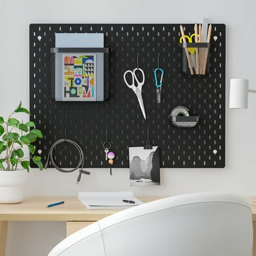 Pegboard Organizer Wall Panel Set - Black Metal Board with Storage Baskets and Hook - Home Office Organization System, 30x22 inch