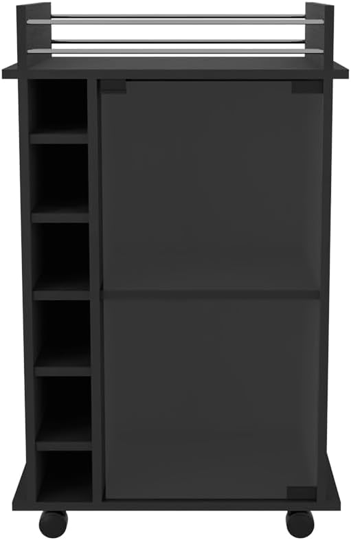 Mobile Bar Cart with Glass Door Cabinet, 6 Wine Bottle Storage Cubbies, Carbon Espresso Finish, 35" H x 21.6" W Bar Serving Cart with Wheels (Black)