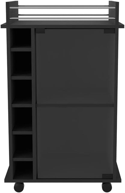 Mobile Bar Cart with Glass Door Cabinet, 6 Wine Bottle Storage Cubbies, Carbon Espresso Finish, 35" H x 21.6" W Bar Serving Cart with Wheels (Black)