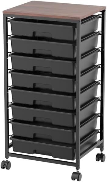 Rolling Storage Cart with Drawers,Utility Cart With 8 Drawers and Wooden Tabletop,Rolling Drawer Cart,Storage Drawer Cart for Living Room,Classroom,Bedroom,Bathroom,Dorm,Office, Black