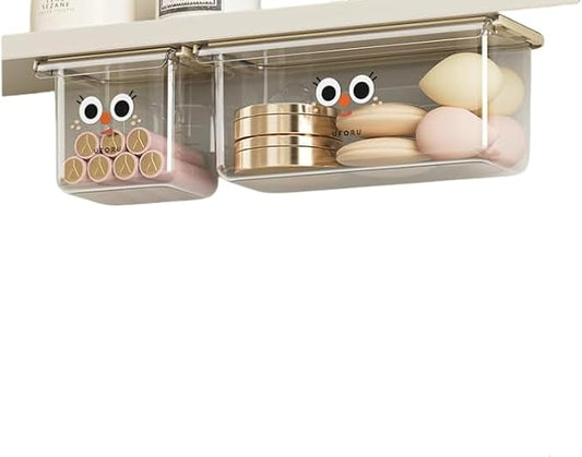 Self-Adhesive Under-Desk Drawer Slide-Out Organiser With Hanging Clear Acrylic Shelf Storage Organiser For Office Kitchen, Cupboards, Tables, Counters For Added Space (Large + Small) Two-Piece Set