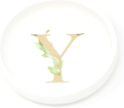 Trinket Tray Ring Dish with Personalized Y in Gold Foil and Greenery - White Ring Dish - Monogrammed Trinket Dish or Jewelry Bowl - Cedar & Ink (Y)