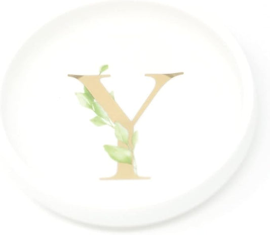 Trinket Tray Ring Dish with Personalized Y in Gold Foil and Greenery - White Ring Dish - Monogrammed Trinket Dish or Jewelry Bowl - Cedar & Ink (Y)