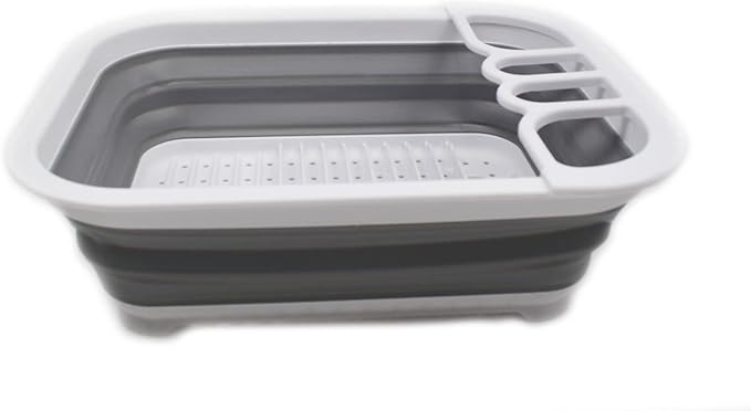SAMMART Collapsible Plastic Dish Drainer - Foldable Drying Rack Set - Portable Dinnerware Organizer - Space Saving Dishes and Utensil Kitchen Storage (1, White/Grey (w/o Base Board))