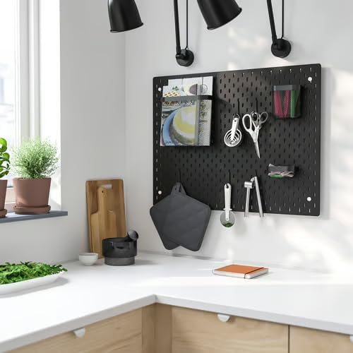Pegboard Organizer Wall Panel Set - Black Metal Board with Storage Baskets and Hook - Home Office Organization System, 30x22 inch