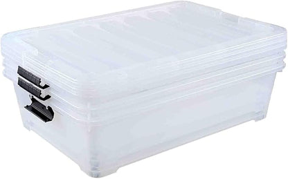 Bringer Set of 3 Large Under Bed Plastic Storage Bins with Lids, 50 L Clear Plastic Latch Storage Box with Wheels