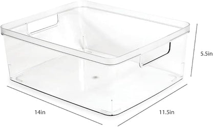 Isaac Jacobs 2-Pack Large Clear Storage Bins (11.5” L x 14” W x 5.5” H) w/Cutout Handles, Plastic Organizer for Home, Office, Kitchen, Fridge/Freezer, Bathroom, BPA Free, Food Safe (Large)