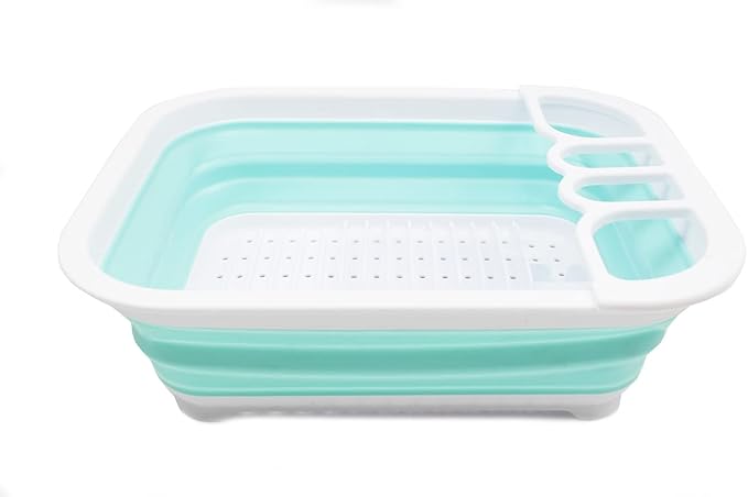 SAMMART Collapsible Plastic Dish Drainer - Foldable Drying Rack Set - Portable Dinnerware Organizer - Space Saving (1, White/Lake Green (w/o Base Board))
