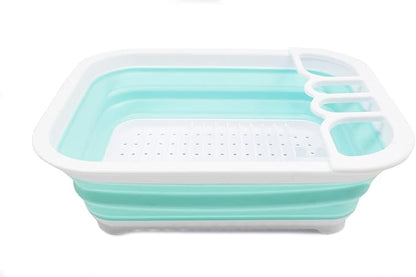 SAMMART Collapsible Plastic Dish Drainer - Foldable Drying Rack Set - Portable Dinnerware Organizer - Space Saving (1, White/Lake Green (w/o Base Board))