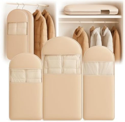 Space Saving Hanging Garment Bag with Self Compression Zipper, Suit Cover Bags, Heavy Duty Jackets & Parkas Storage, Dust Cover, Closet Organizer for Storage (Beige,3PCS(M+L+XL))