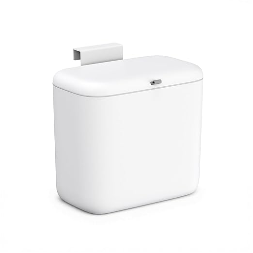 MUEE Hanging Compost Bin for Kitchen Cabinet Door - 1.8 Gal Small Trash Can with Lid, Under-Sink Food Scraps Collector, Slim Odorless Waste Bin for Apartment Essentials & RV - White