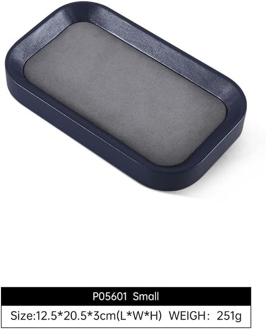Yinbeini Ring Display Tray, Leather Earring Organizer,Luxury Key Tray,Premium Decorative Tray,Blue-Grey Jewelry Dish