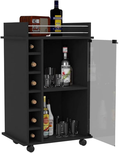 Mobile Bar Cart with Glass Door Cabinet, 6 Wine Bottle Storage Cubbies, Carbon Espresso Finish, 35" H x 21.6" W Bar Serving Cart with Wheels (Black)