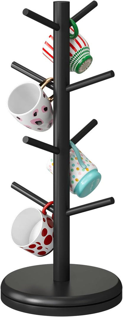 Mug Holder Tree 360° Rotated Mug Tree Coffee Cup Holder Bamboo Rack Stand 8 Hooks for Countertop Cup Rack Kitchen Coffee Bar Organizer Decorative Mug Racks (Black)